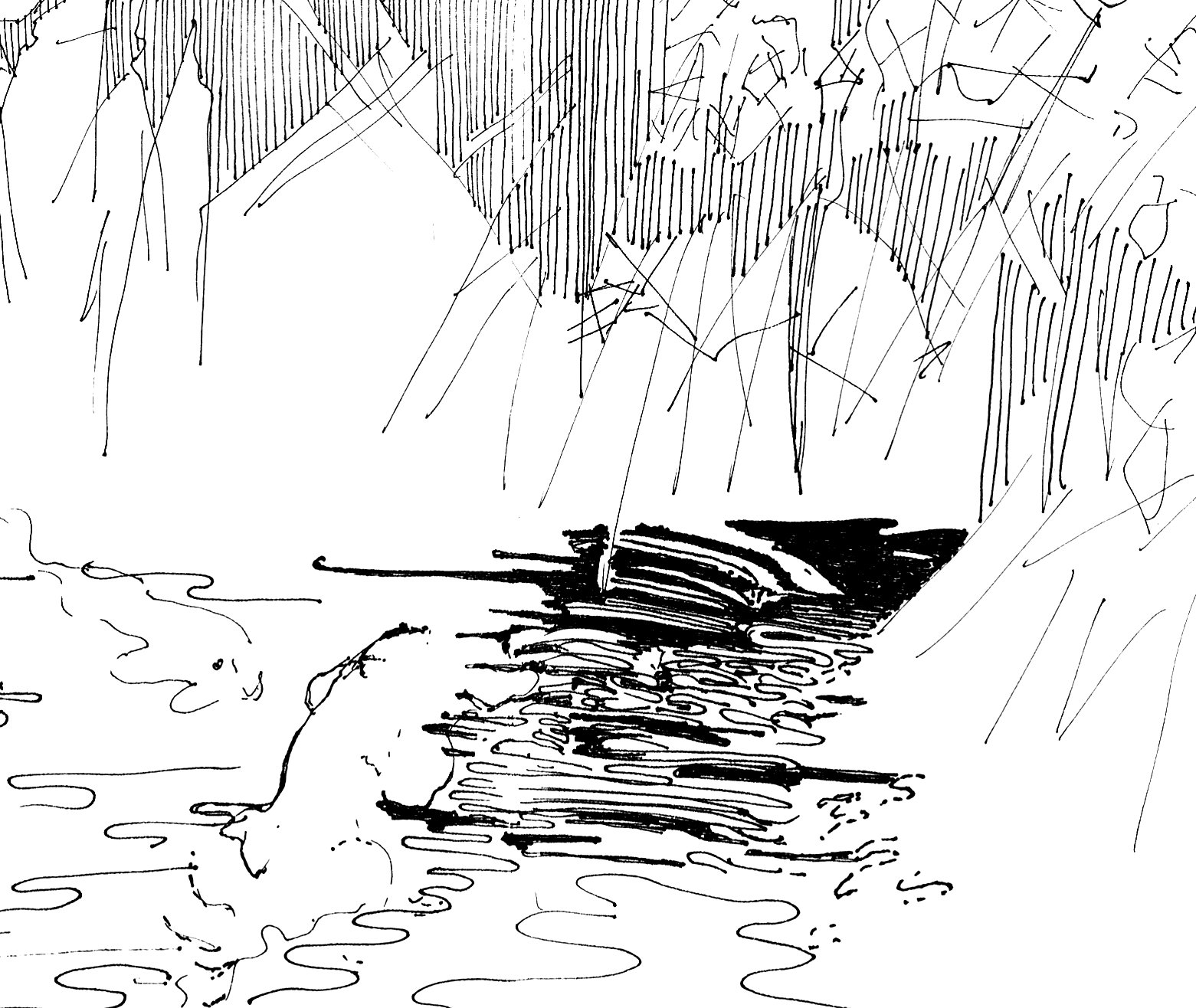 Dessin à l’encre d’un plan d’eau sombre sous une pluie de traits verticaux