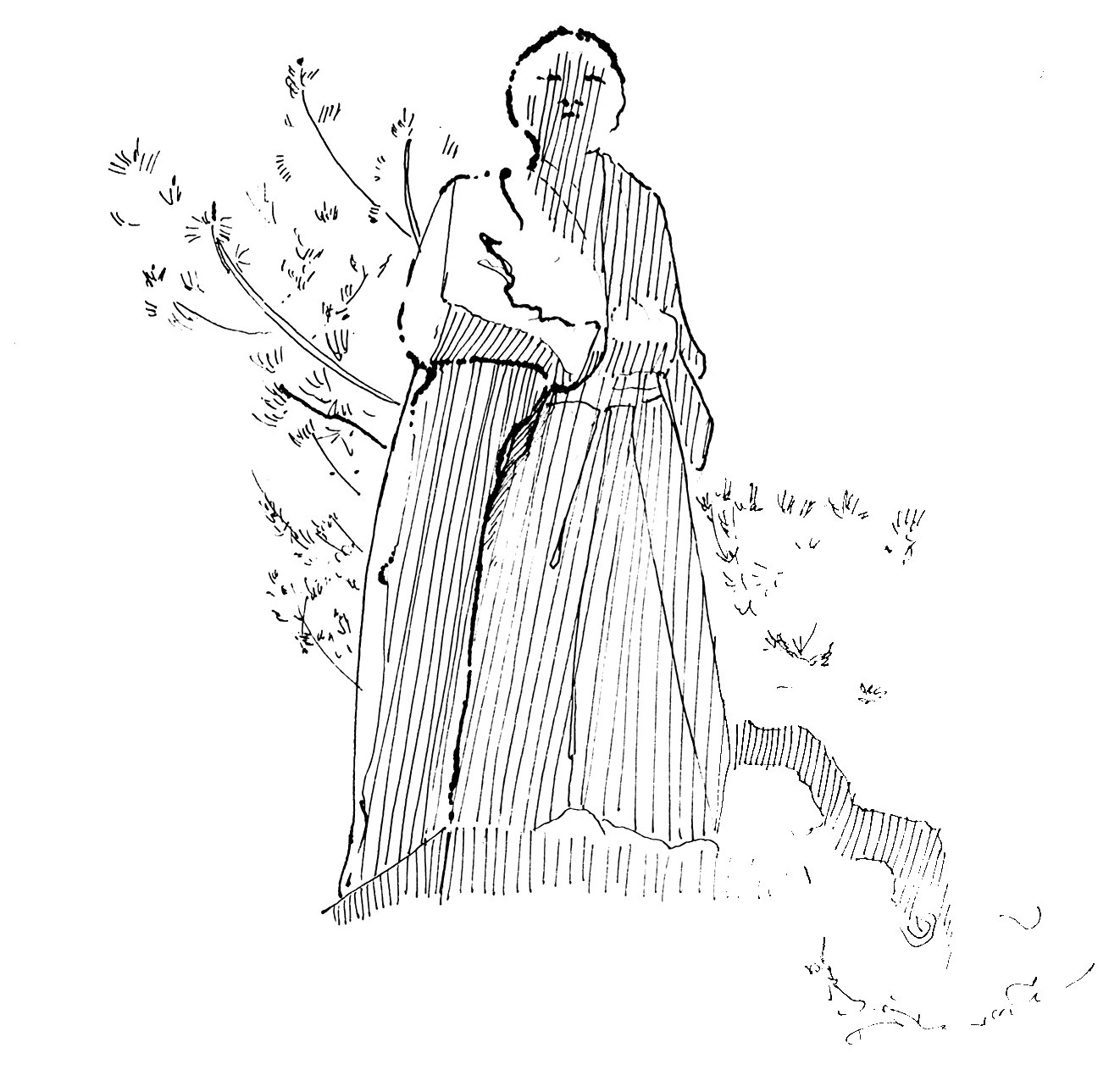 Dessin à l’encre d’une statue de Sakamoto Ryōma en kimono